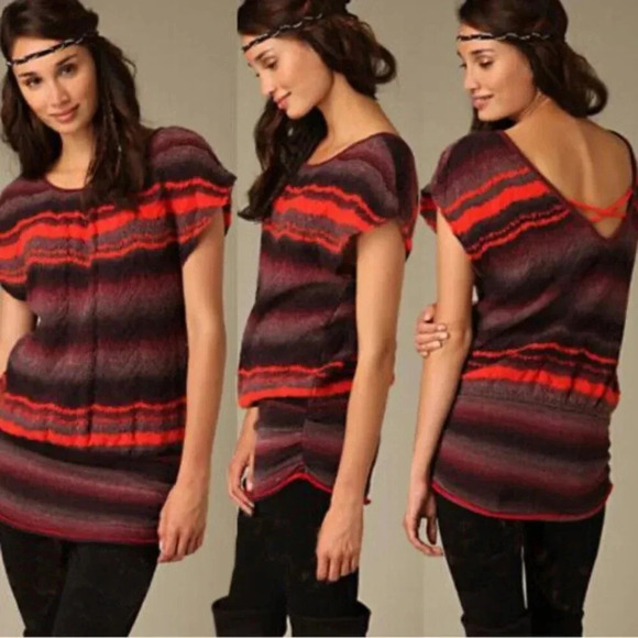 Free People Gray Orange Stripe Sweater Tunic V Back Wool Blend Short Sle… - Picture 1 of 8